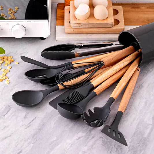 Elite 12-Piece Silicone Cooking Utensils Set with Wooden Handles