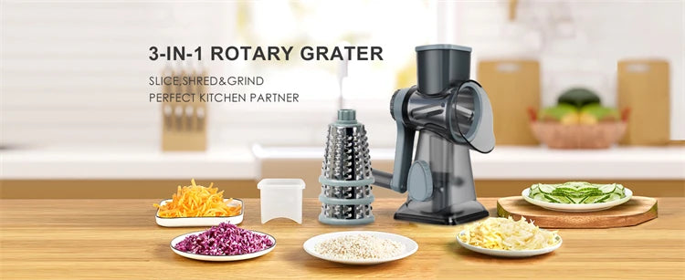 3 in 1 Rotary Cheese Grater Versatile Manual Vegetable Slicer Peanut Nuts Grinder