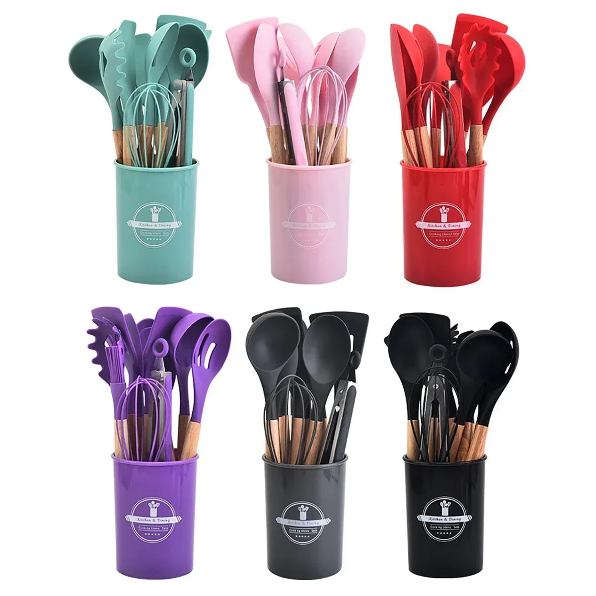 Elite 12-Piece Silicone Cooking Utensils Set with Wooden Handles