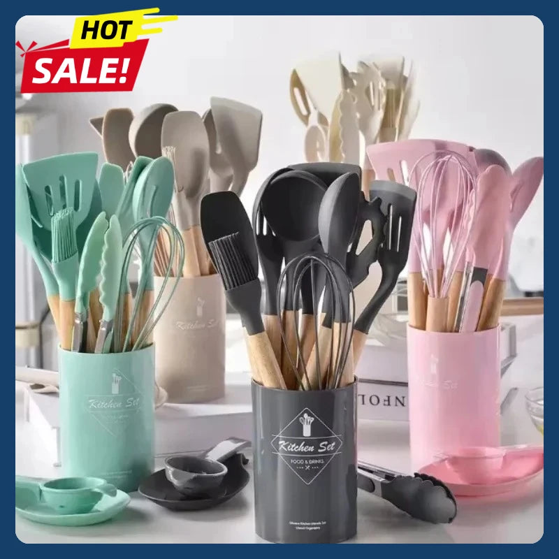 Elite 12-Piece Silicone Cooking Utensils Set with Wooden Handles