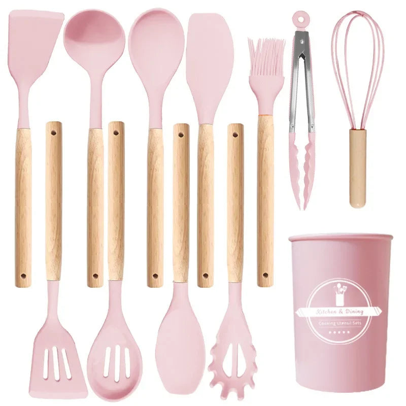 Elite 12-Piece Silicone Cooking Utensils Set with Wooden Handles
