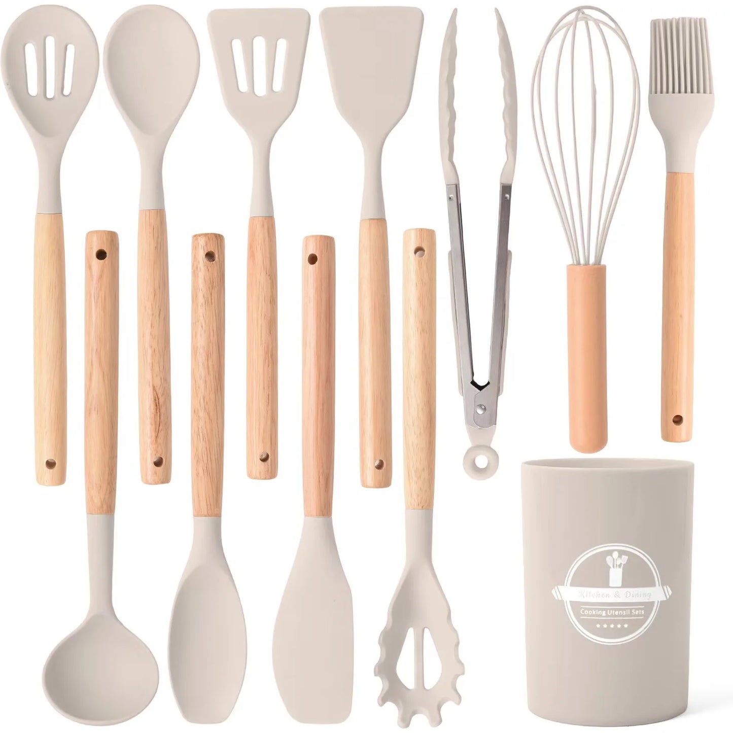 Elite 12-Piece Silicone Cooking Utensils Set with Wooden Handles