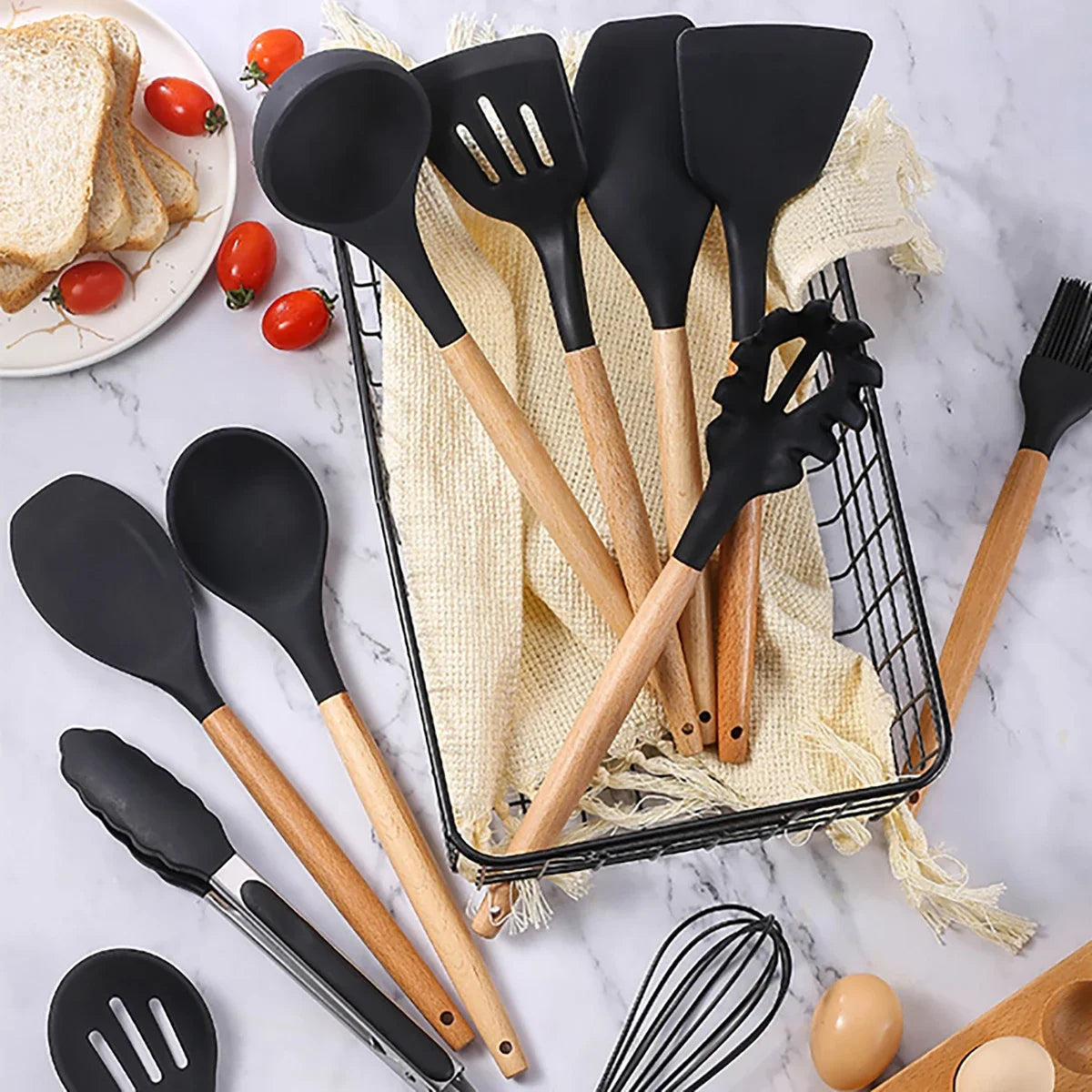 Elite 12-Piece Silicone Cooking Utensils Set with Wooden Handles