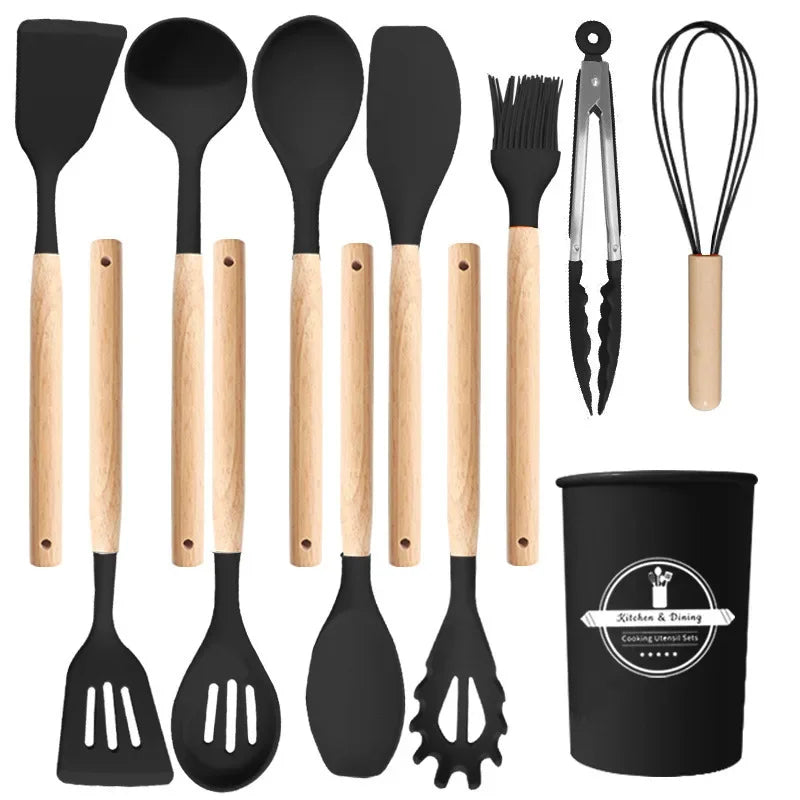 Elite 12-Piece Silicone Cooking Utensils Set with Wooden Handles