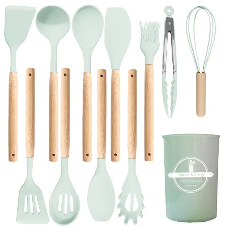 Elite 12-Piece Silicone Cooking Utensils Set with Wooden Handles