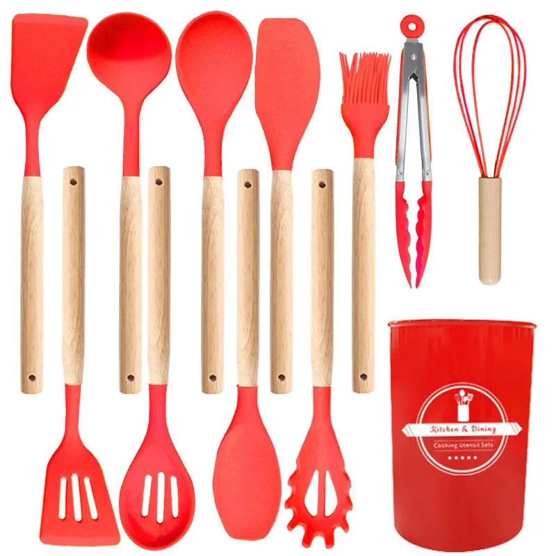Elite 12-Piece Silicone Cooking Utensils Set with Wooden Handles