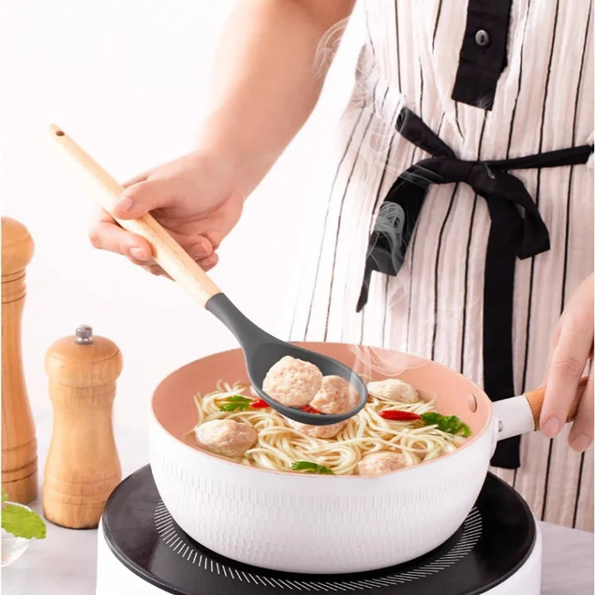 Elite 12-Piece Silicone Cooking Utensils Set with Wooden Handles