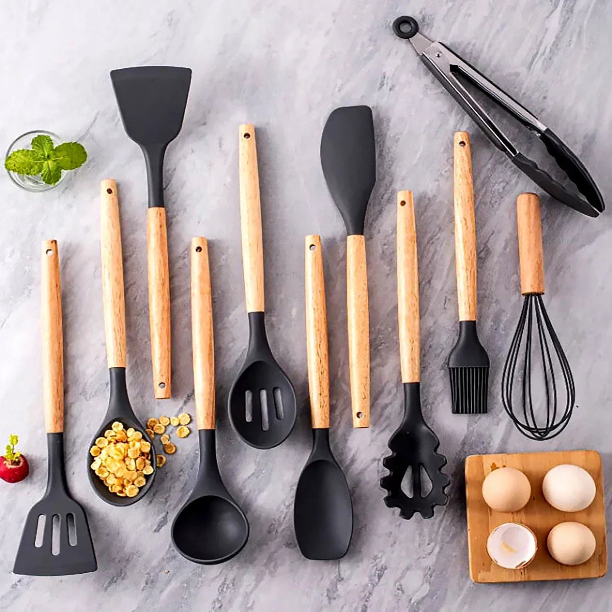 Elite 12-Piece Silicone Cooking Utensils Set with Wooden Handles