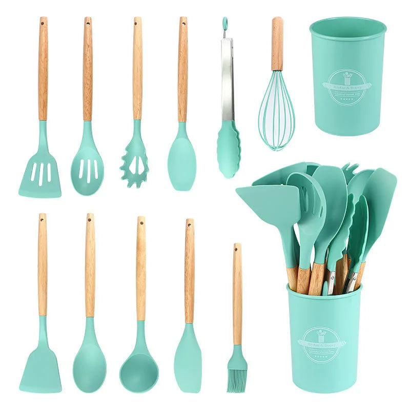 Elite 12-Piece Silicone Cooking Utensils Set with Wooden Handles