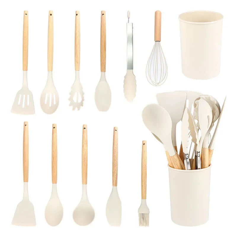 Elite 12-Piece Silicone Cooking Utensils Set with Wooden Handles