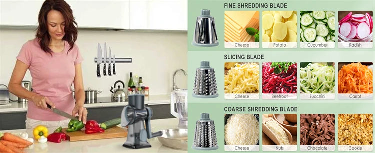 3 in 1 Rotary Cheese Grater Versatile Manual Vegetable Slicer Peanut Nuts Grinder