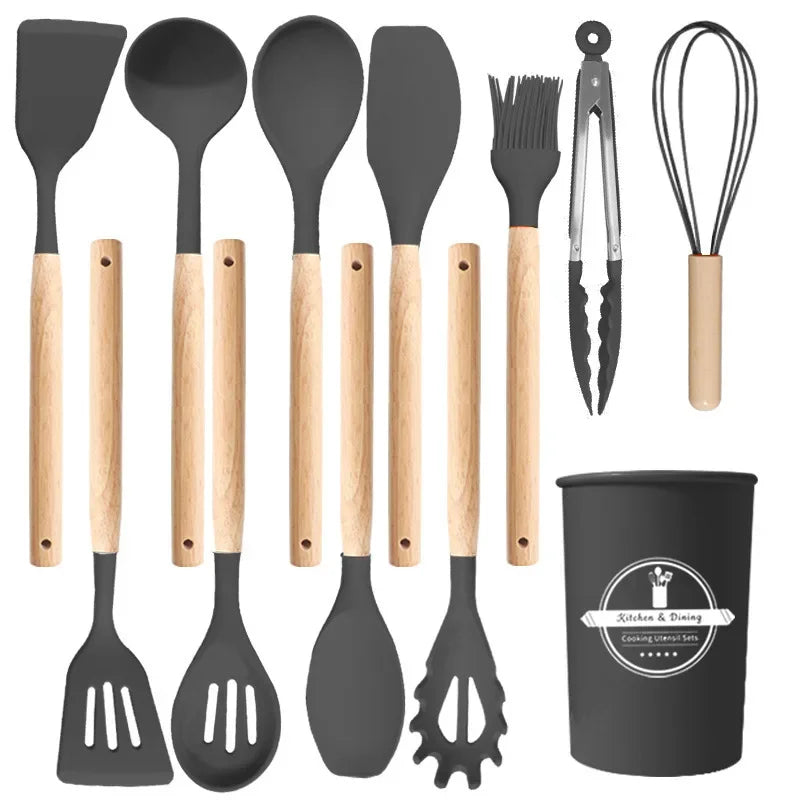 Elite 12-Piece Silicone Cooking Utensils Set with Wooden Handles
